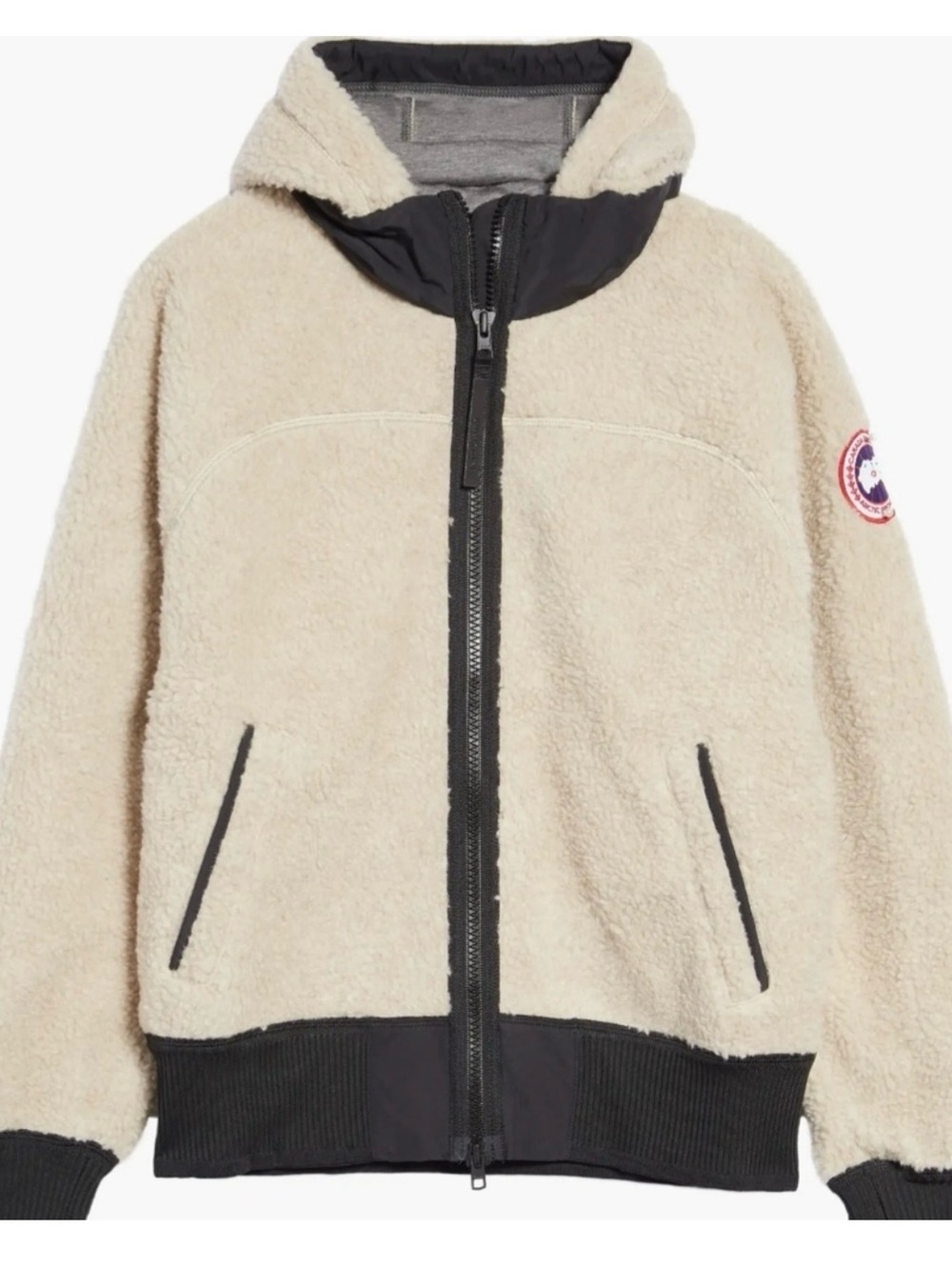 Canada Goose Sherpa Fleece Hooded Jacket in Cream with Black Trim